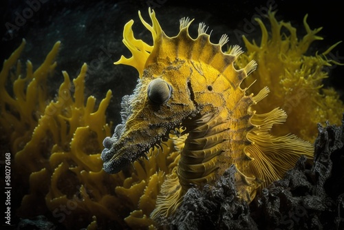 On a dark sandy seafloor with algae lives a juvenile Thorny Seahorse (Hippocampus histrix), which is a bright, sunny yellow. Scuba diver's underwater photograph of Indonesia's Sangeang volcano photo