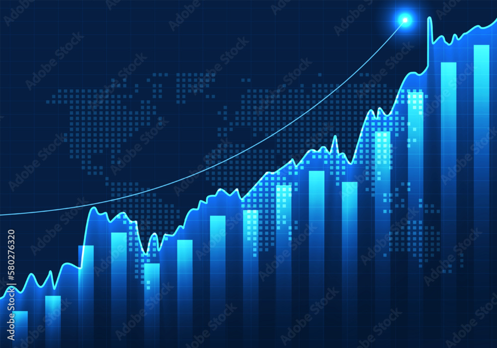 Stock chart That is said to be showing progressive growth of the company, increasing revenues of the company and expanding into different countries. Dark blue background and grid lines Stock chart That is said to be showing progressive growth of the company, increasing revenues of the company and expanding into different countries. Dark blue background and grid lines