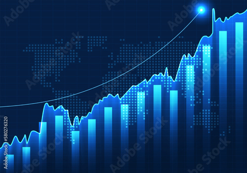 Stock chart That is said to be showing progressive growth of the company, increasing revenues of the company and expanding into different countries. Dark blue background and grid lines