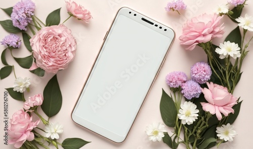  a white cell phone sitting on top of a table next to pink and white flowers on a pink background with green leaves and pink and white flowers.  generative ai