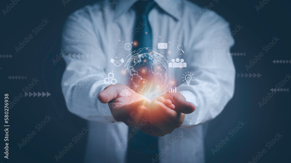 concept of digital transformation in accessing big data through the global internet network.man hand showing global technology connection for information search Online Marketing and Transactions - obrazy, fototapety, plakaty 