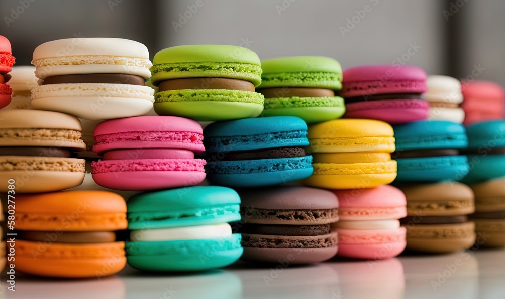 a stack of colorful macaroons sitting on top of each other on a counter top next to a wall of other macaroons. generative ai a stack of colorful macaroons sitting on top of each other on a counter top next to a wall of other macaroons. generative ai