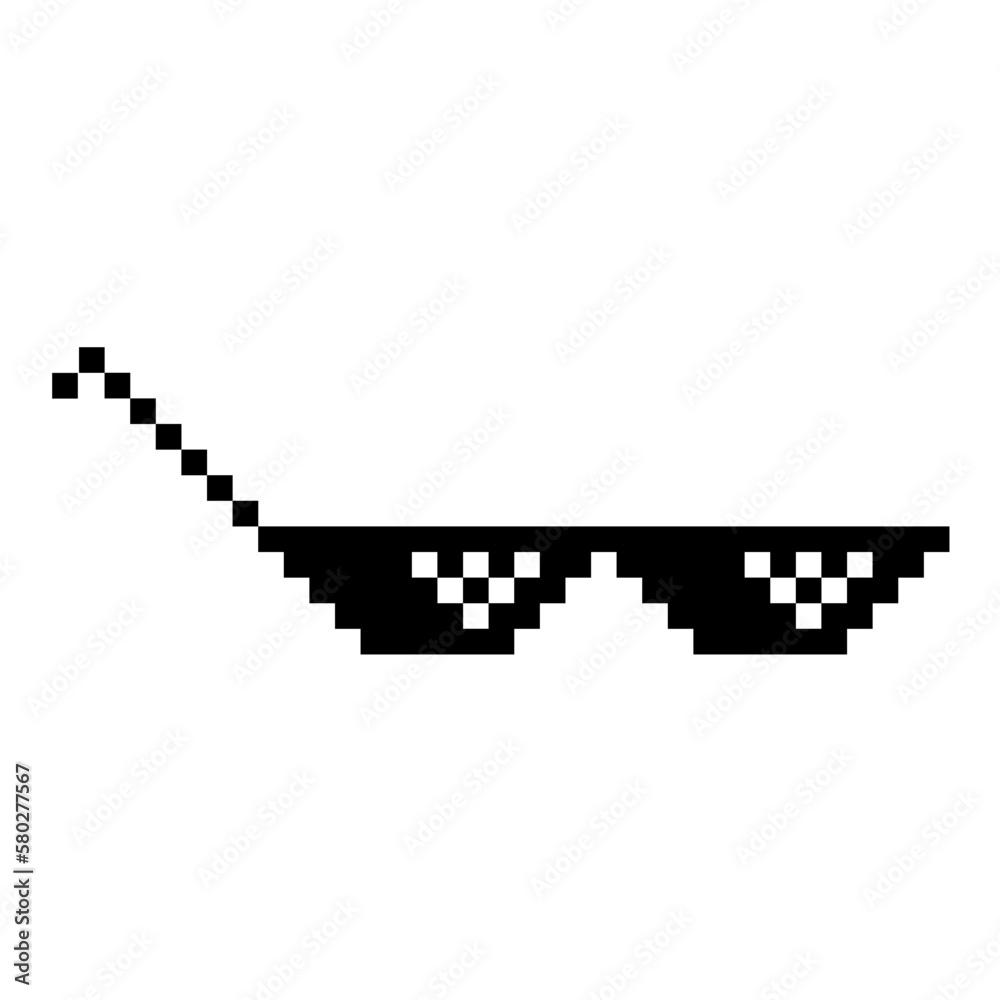 Funny Pixelated Sunglasses. Simple Linear Illustration of 8-bit Black Pixel Boss Glasses. Stylish Glasses, Great Design for Any Purpose on White