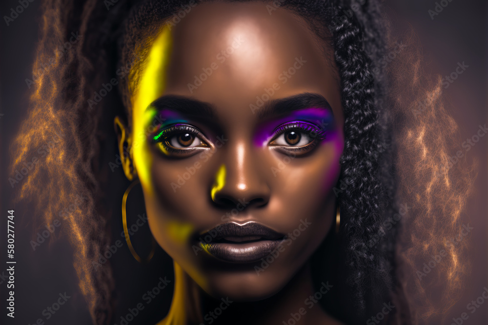Fashion portrait beautiful black woman in neon studio lighting. Generative AI illustration Fashion portrait beautiful black woman in neon studio lighting. Generative AI illustration