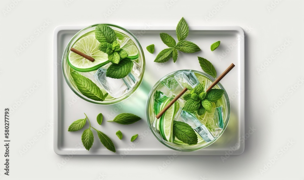 two glasses of mojito with mint and lime on a white tray on a white surface with leaves and a straw in each glass. generative ai two glasses of mojito with mint and lime on a white tray on a white surface with leaves and a straw in each glass. generative ai
