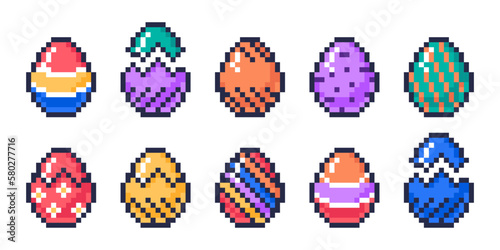 Easter pixel 8 bit eggs. Pixel art arcade game eggs, painted chicken eggs, chicken egg hunt game flat vector illustration set