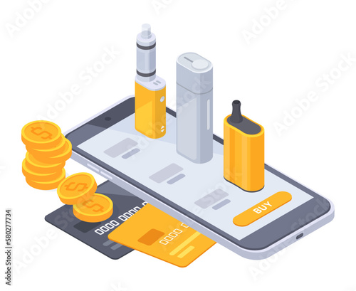 Isometric vape shop. Vape smoke accessories online application, digital e-cigarette shop app on smartphone screen 3d vector illustration