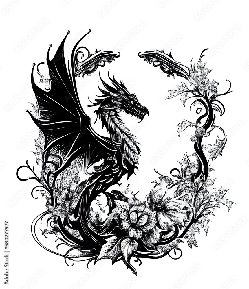 Dragon Tattoo Isolated, tribal wyvern silhouette, Black White Dragon ...