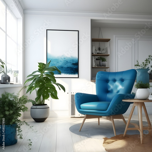 Cozy modern living room interior with blue armchair and decoration room on a Orange or white wall background  Generative AI 