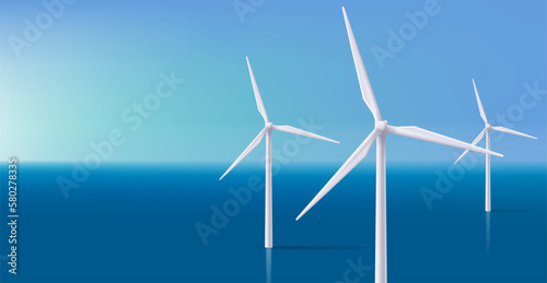Wind electro station in the ocean 3d illustration, realistic render style, green energy