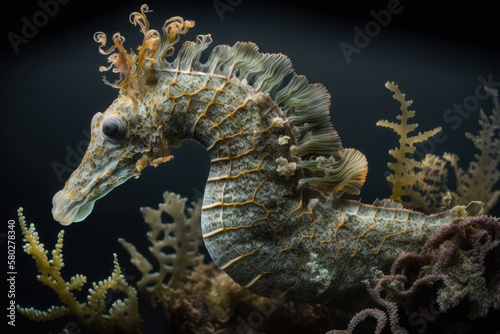 Hippocampus kuda, a species of seahorse, camouflages itself with its reef environment in Indonesia. Seahorses are so slow that they need to rely on their camouflage to protect them from predators