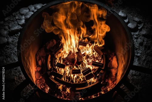 From high above  a look down at the glowing coals in a brazier or barbecue grill on a dark night. Stunning flames and sparks burst forth from the hearth stove  creating an atmosphere of intense heat