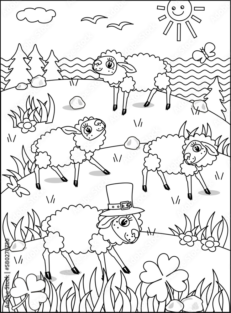 Fototapeta premium Sheep on pasture in St. Patrick's Day coloring page, sign, poster, or activity sheet 
