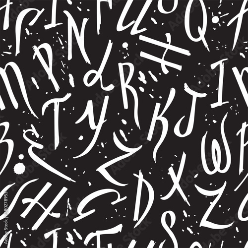 Vector random seamless pattern grunge letters on a black background. Hand drawn letters. Abstract English letters on black background.