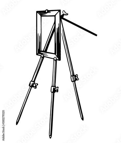 Metal art easel. Tripod. Vector vintage illustration of isolated objects. Sketch of the artist s workshop. Icon of canvas on stand, artistic instruments, props