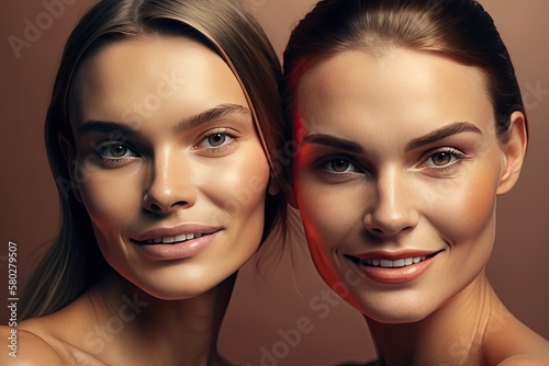 Beauty. Portrait Of two Models. looking at the camera. With Nude Makeup And Perfect Glowing Skin.