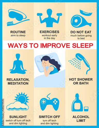 Sleep infographic. Rules of healthy Sleep. Educational infographic with explanation information to improve bedtime quality. Vector Infographics Illustration. Useful Tips for a good night s Sleep.