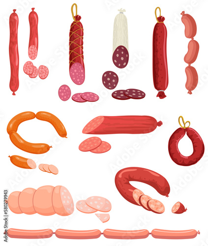 Set of sausages salami, pepperoni smoked sausage, beef meat, ham farm or butcher store production. Bacon or boiled sausage delicatessen meals. Design elements for market advert.