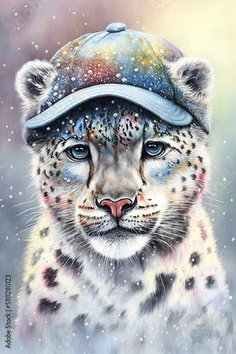 Snow Leopard wearing Baseball cap, Psychedelic Illustration. Generative AI © Mowgli
