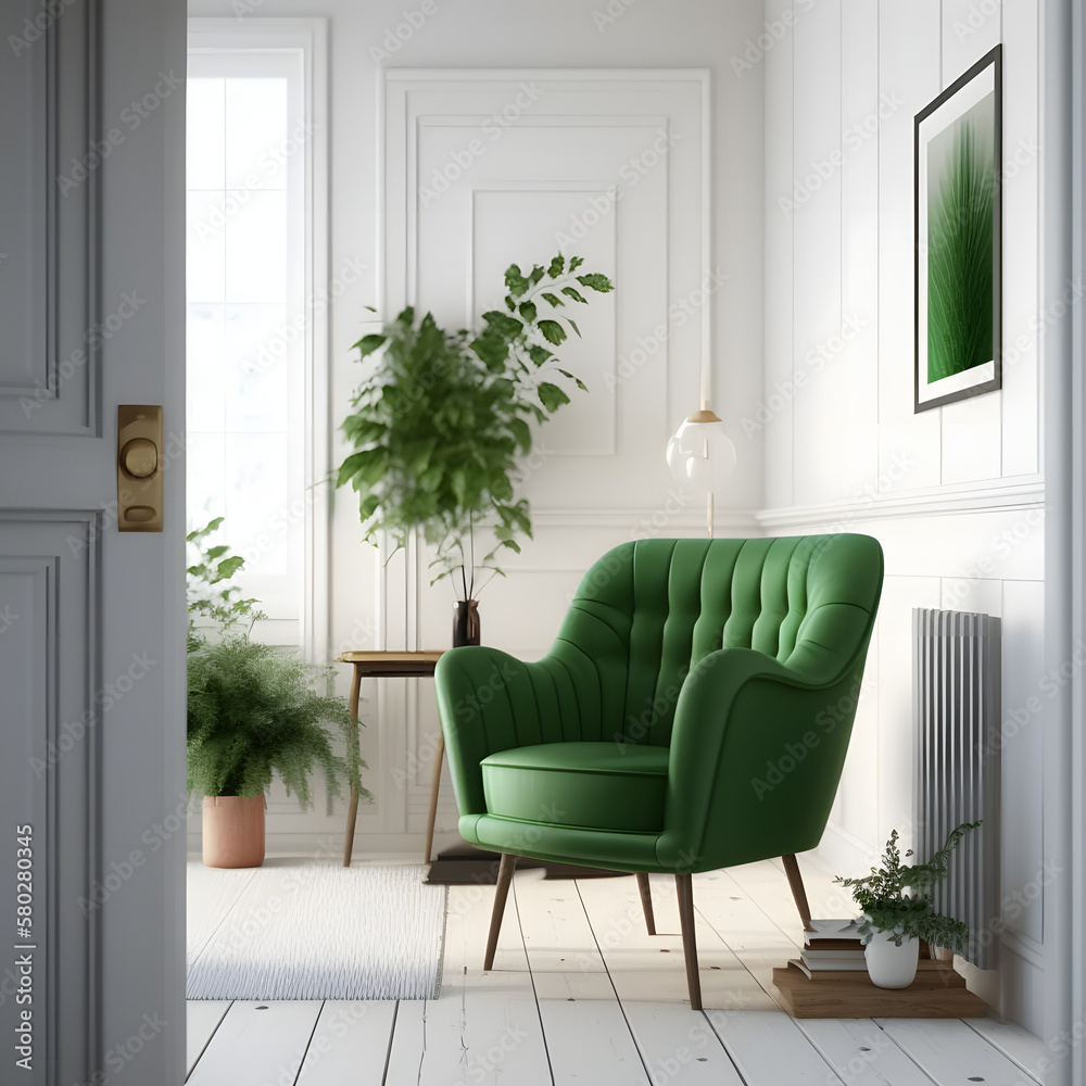 Cozy modern living room interior with green armchair and decoration room on a Orange or white wall background, Generative AI
