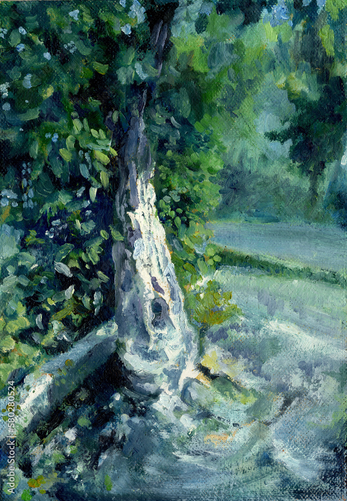 Tree is painted in oil. An old tree by the road. Study of a tree in the park.