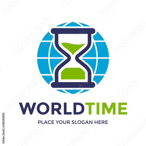 World time vector logo template. This design use globe and hourglass symbol. Suitable for management of time, business, international.
