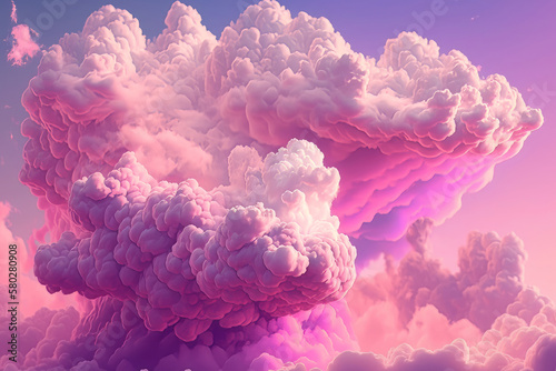 The sky transforms into a pastel wonderland with billowy pink clouds that resemble cotton candy, providing a soft and serene backdrop. Generative AI