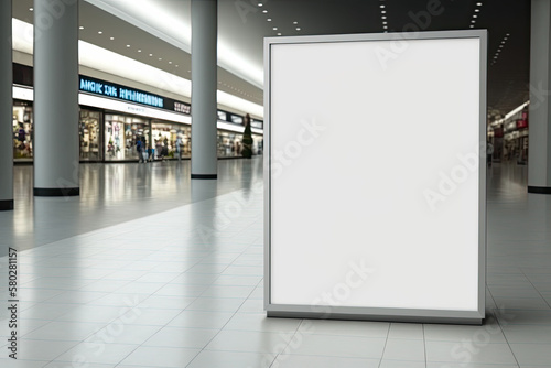 In a contemporary mall  there is a blank sign with copy space for your text message or a mock up of content  generative AI