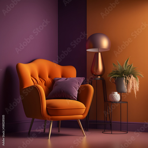 Cozy modern living room interior with orange armchair and decoration room on a Orange or white wall background  Generative AI 