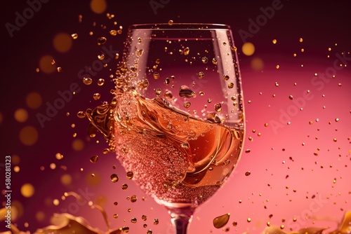 Confetti and gold stars decorate a pink background in this close up of a glass of sparkling rose wine. Generative AI