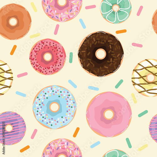 Seamless pattern background of colourful donut on soft yellow background