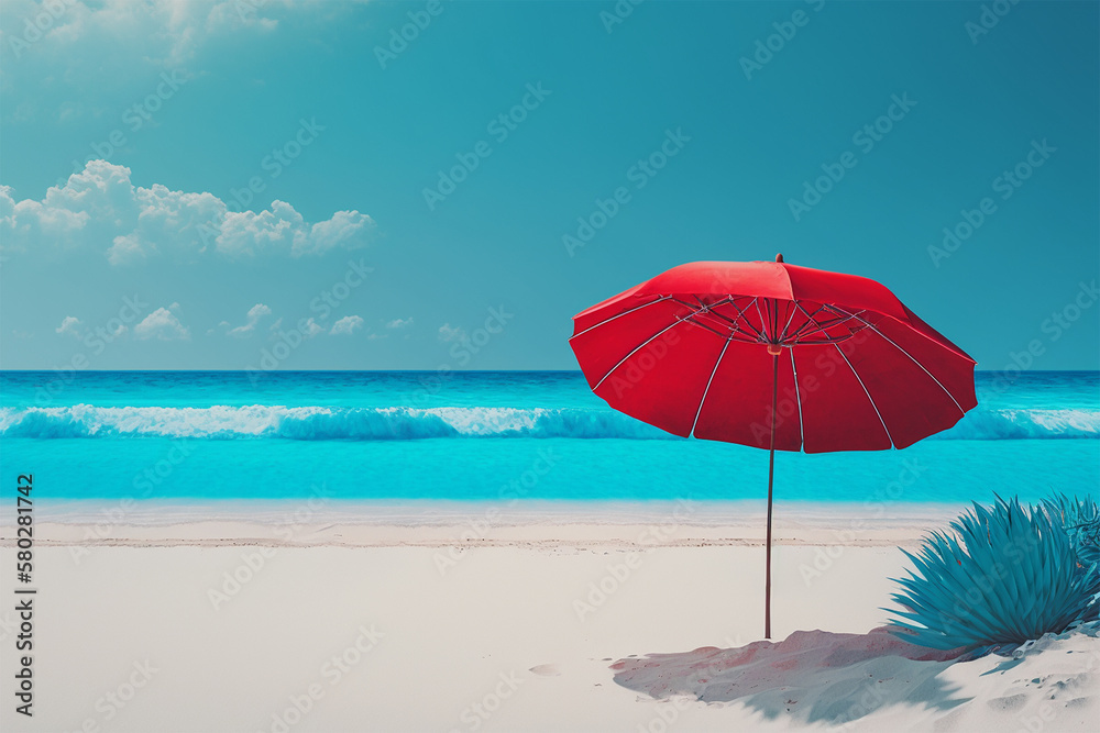 Beautiful blue ocean waves and red umbrella on sandy beach in summer. Generative AI