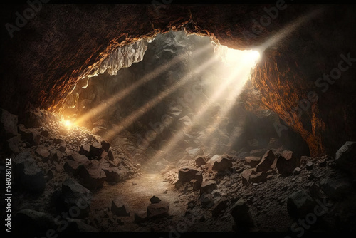 Light entering dark cave. Generative AI