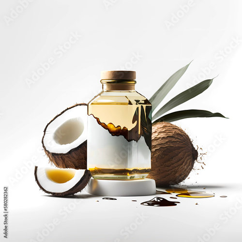 Coconut oil in a bottle on white background (ID: 580282362)