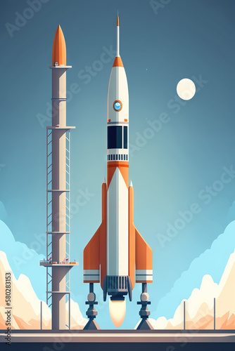 Vintage space colorful poster with flying shuttle on cosmic background. International day of human space flight.12 April. Generative AI