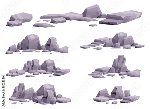 Cartoon stones collection isolated on white. Pieces of mountain rock and desert stones vector illustration