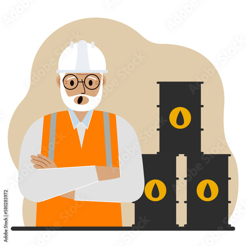Oil barrels and a screaming old oilman. Oil industry and worker or engineer in special clothes and helmet.