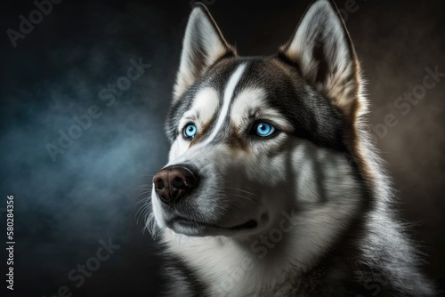 Beautiful Siberian Husky dog portrayed in this portrait. Sleek husky with icy blue orbs. Husky is currently laying on the floor and avoiding eye contact. A fixation solely on the eyes. Generative AI © AkuAku