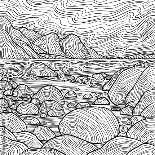 Sea, coast, stones, mountains and sky. Adult colouring page, art therapy, antistress. Cartoon linear doodle coloring poster. Line art illustration. Scalable vector graphic. 