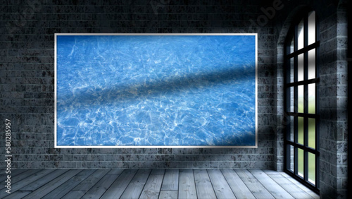 Marine animated landscape in the studio room. Mockup.