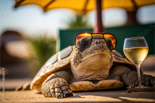 Turtle in sunglasses with a glass of wine lying on warm sand, animal on summer vacation basking in the sun, sea ​​beach, ai generated