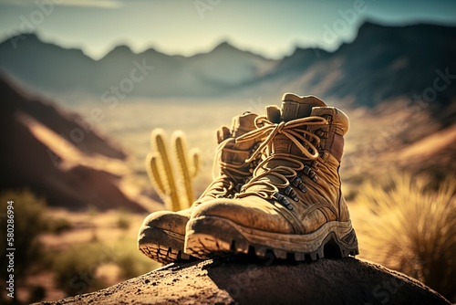Hiking on Desert Mountains with Focus on Shoes AI Generated