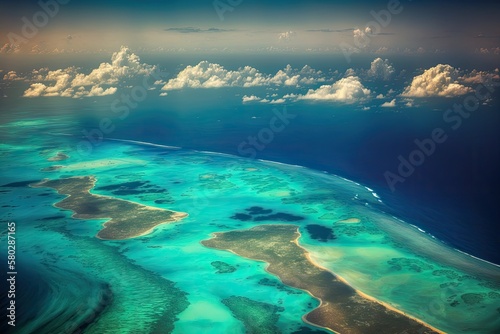 View of the Caribbean paradise islands of the Caymans from above. Generative AI