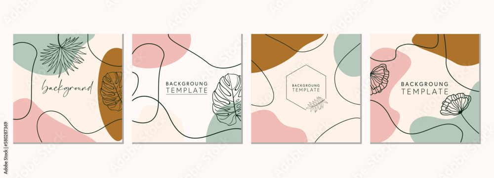 Abstract set of square templates with tropical leaves and geometric shapes. Good for social media posts, mobile apps, banner designs and online promotions. Tropical vector background collection.