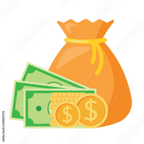 Money bag with Dollar Coins and Paper Money Icon Business and Finance Vector Illustration Isolated on White Background