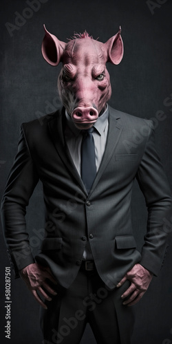Pig with red eyes and evil face dressed as a businessman created using generative AI technology