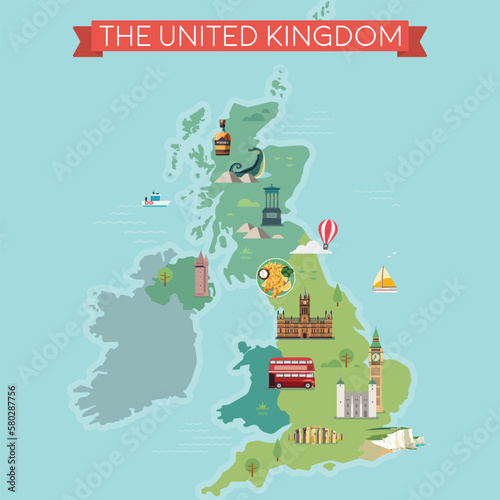 Map of United Kingdom with famous landmarks. photo