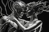Cyborg Lovers Cuddling in Wires with Cinematic Lighting AI Generated