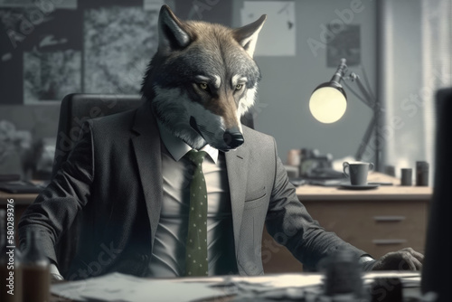 Wolf in the office. Animals in the Office. Workers as Animals, office space.