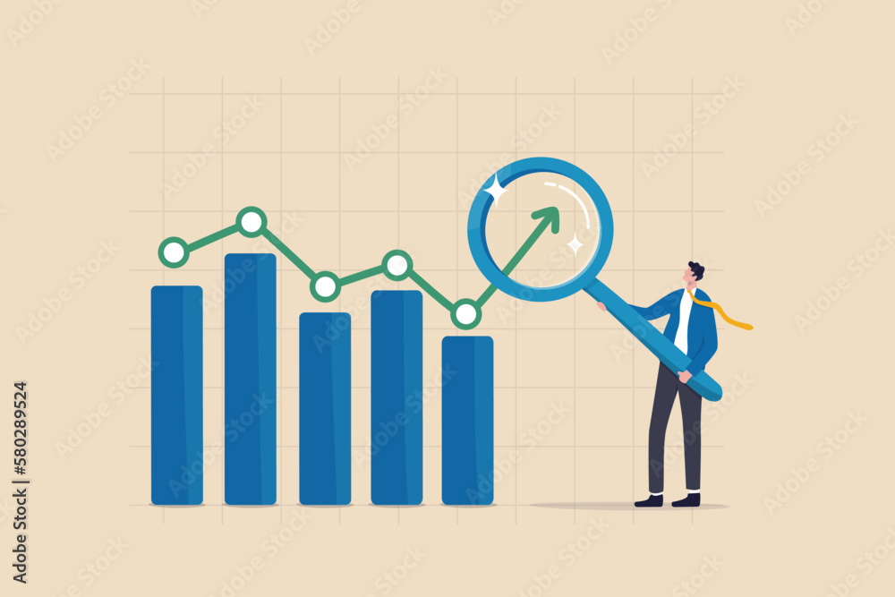 Trend analysis, marketing and sales information, analyze or predict trend line or profit, business forecast report concept, businessman analyst analyze trend graph and chart with magnifying glass. - obrazy, fototapety, plakaty 
